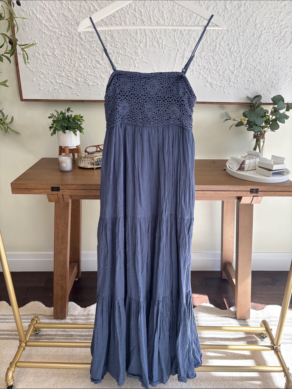 American Eagle Outfitters Navy Crochet-Bodice Maxi Dress